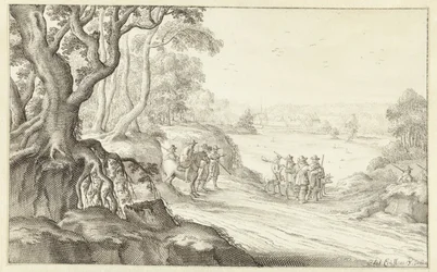 Chasseurs dans un paysage vallonné, Abbaye de Groenendaal à Bruxelles en arrière-plan